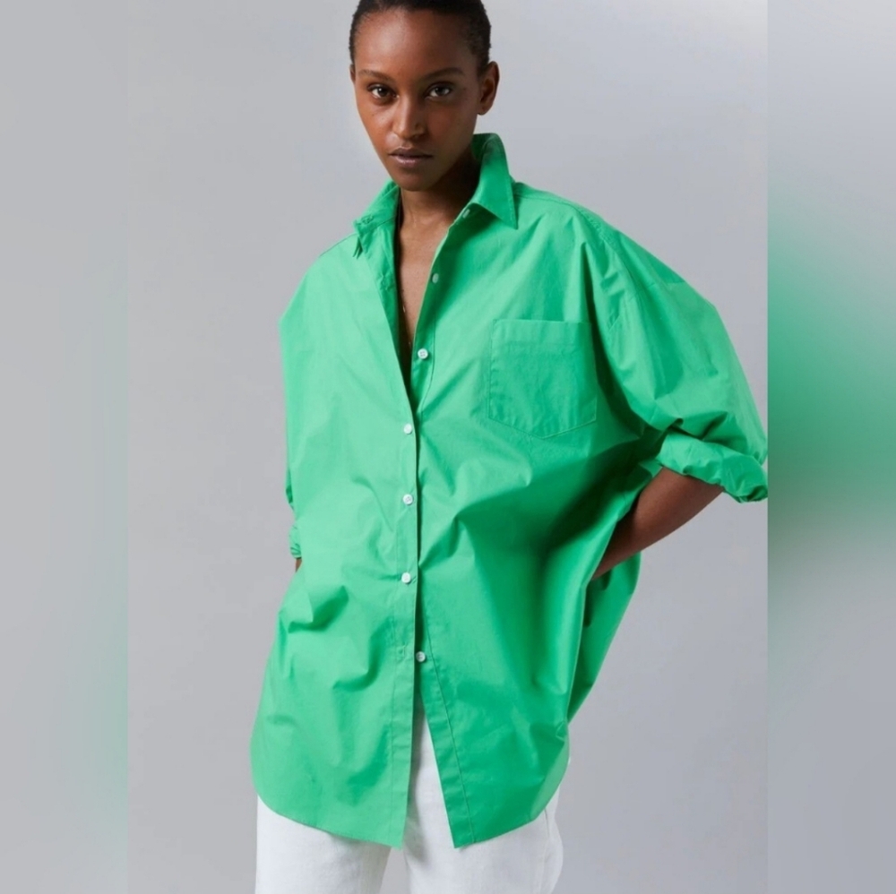 TheFrankie Shop Melody‎ Organic Cotton Button Up Boyfriend Shirt Island Green